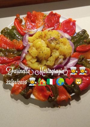 A picture of New Green and Red Pepper Salad from My Garden, Potatoes, and Red Onion.