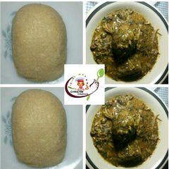 A picture of Eba with vegetable ogbono soup.