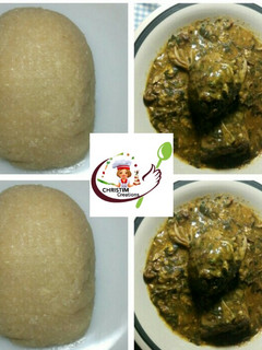 A picture of Eba with vegetable ogbono soup.