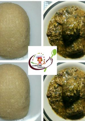 A picture of Eba with vegetable ogbono soup.