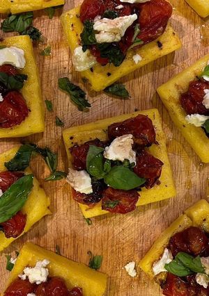 A picture of Grilled Polenta, Goat Cheese & Caramelised Cherry Tomatoes.