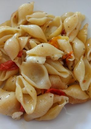 A picture of Pasta shells with roasted rainbow tomatoes.