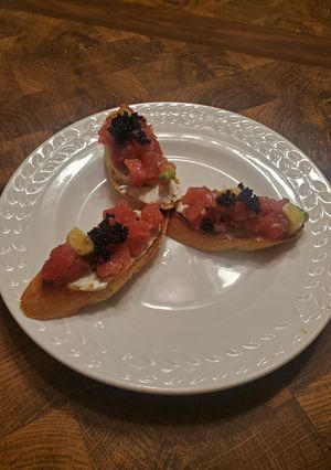 A picture of Brad's baguette with tuna & avocado tartare.