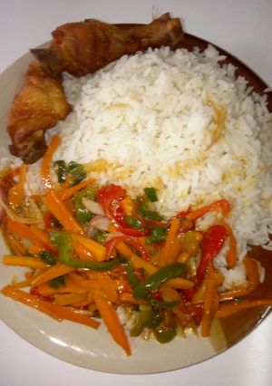 A picture of White rice and veggies.