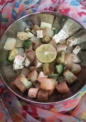 A picture of Mom's special paneer salad.