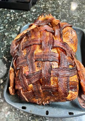 A picture of Bacon wrapped smoked Turkey.