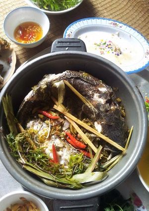 Hình của món Cá chuối ta hấp lá gừng, đinh lăng.