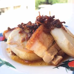 A picture of Steamed Taro And Roasted Pork In Chili Garlic XO Sauce.