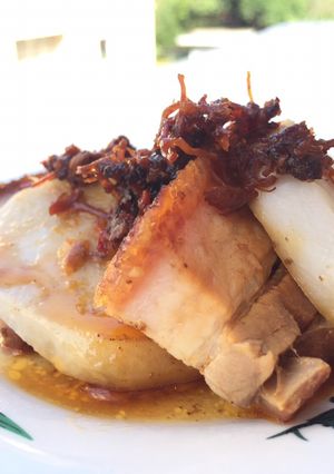 A picture of Steamed Taro And Roasted Pork In Chili Garlic XO Sauce.