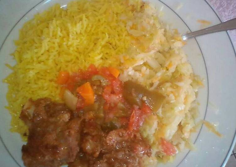 Easy Tumeric Rice served with fried beef and steamed cabbages