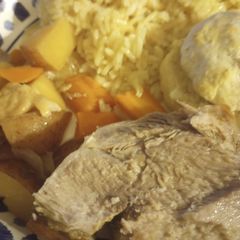 A picture of Fruit Glazed Boston Butt Pork Roast with Vegetables and Rice.