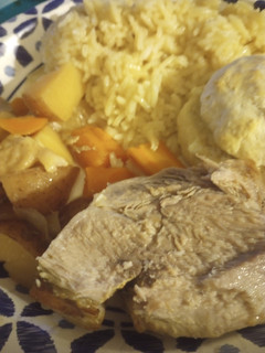 A picture of Fruit Glazed Boston Butt Pork Roast with Vegetables and Rice.