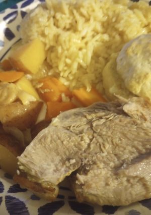 A picture of Fruit Glazed Boston Butt Pork Roast with Vegetables and Rice.