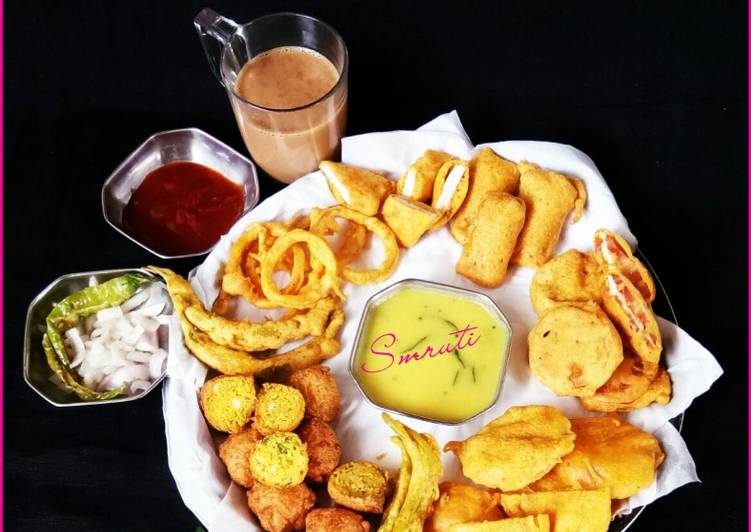 Steps to Cook Yummy Bhajiya Fritters Platter with Masala Tea