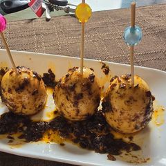 A picture of Cajun boiled eggs.