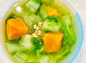 Hình của món Canh Bí Đỏ Cải Bẹ Dún Nấu Tôm.