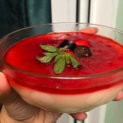 A picture of Silky Milk Pudding with Strawberry Puree Homemade ain't Panna Cotta (sauce bikin mom n kids nagih).