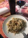 Spaghetti con paté de faisán y habitas baby