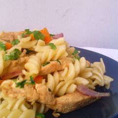 A picture of Soy marinated Fried Chicken Pasta.