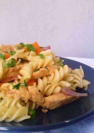 A picture of Soy marinated Fried Chicken Pasta.