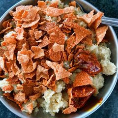 Suji ka Halwa with papad & aam ka aachar A picture of Suji ka Halwa with papad & aam ka aachar.
