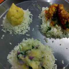 A picture of Aloo bathe aloo choka and aloo pithika.