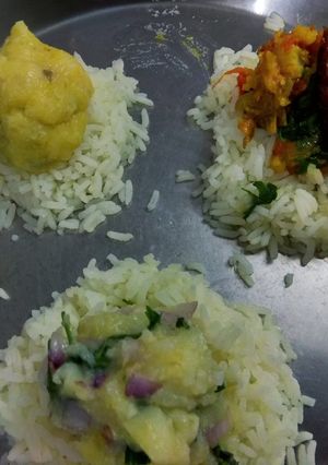 A picture of Aloo bathe aloo choka and aloo pithika.
