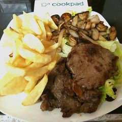 A picture of Ribeye Steak onions and mushrooms. With homemade Chips 😀.