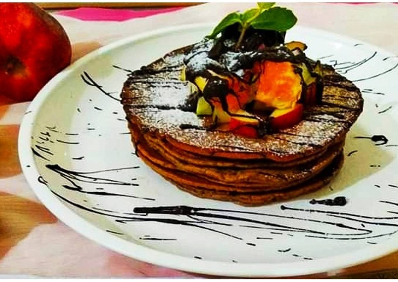 Chocolate and fruits pancakes
