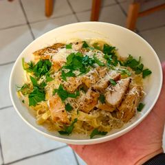 A picture of Homemade Creamy Chicken Basil Pesto Pasta.