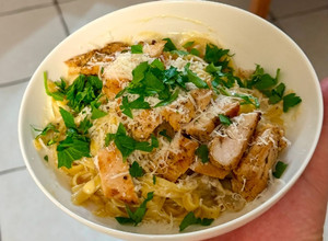 A picture of Homemade Creamy Chicken Basil Pesto Pasta.