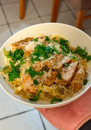A picture of Homemade Creamy Chicken Basil Pesto Pasta.