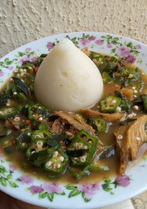 A picture of Okro pepper soup with agidi.