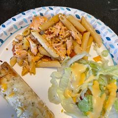 A picture of Baked salmon feta pasta.