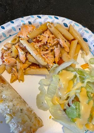 A picture of Baked salmon feta pasta.