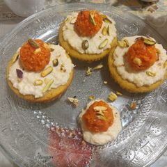 A picture of Oats-Motichoor Muffins with rich Rabri.