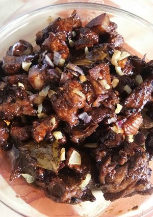 A picture of Chicken and pork adobo.