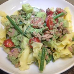 A picture of Tuna with Pesto and Pasta Salad.