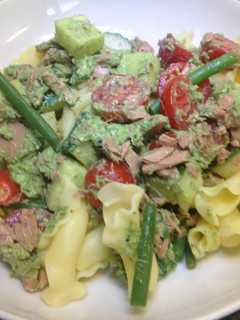 A picture of Tuna with Pesto and Pasta Salad.