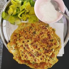 Besan chilla with greek yogurt and some lettuces A picture of Besan chilla with greek yogurt and some lettuces.
