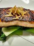 Blackened Asian salmon with crispy ginger sticks