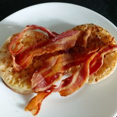 A picture of My Crispy Streaky Bacon on Toasted Crumpets and Maple Syrup.