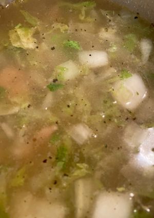 A picture of Cabbage and shrimp soup.
