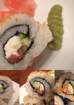 A picture of Smoked Salmon and shrimp cream cheese Sushi.