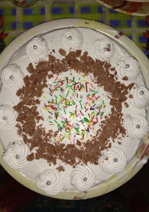 A picture of Ice cake with topping of sprinkles and chocos.