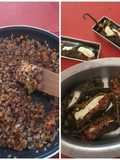 Chiles rellenos de picadillo "cubano", en salsa de Jamaica