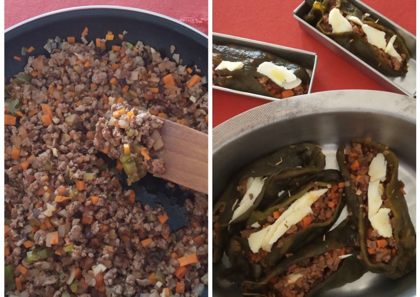 Chiles rellenos de picadillo "cubano", en salsa de Jamaica