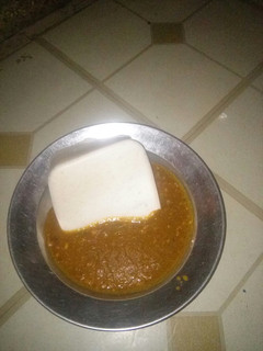 A picture of Tuwan masara with dry okro soup.