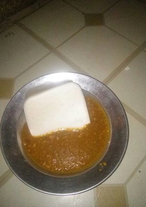 A picture of Tuwan masara with dry okro soup.
