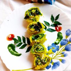 A picture of Dhokla swiss rolls.